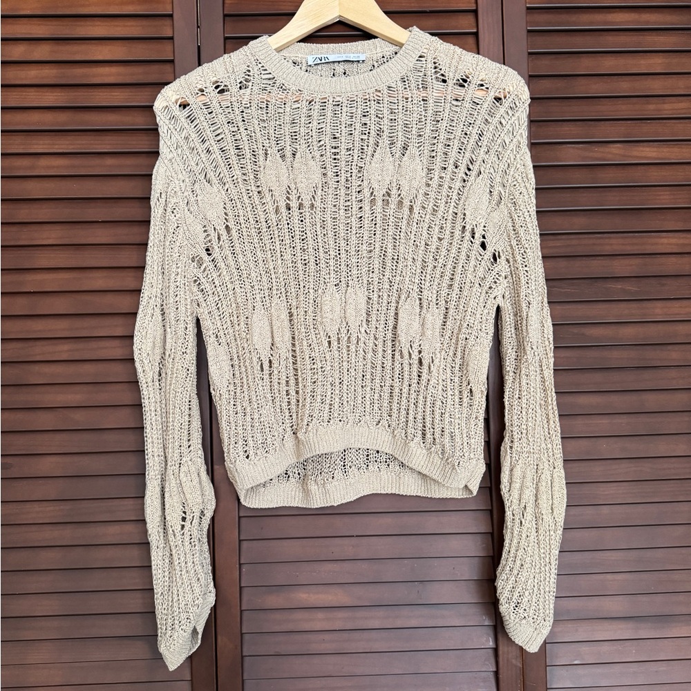 Zara Beige Open-Knit Pullover Sweater Women’s Size S